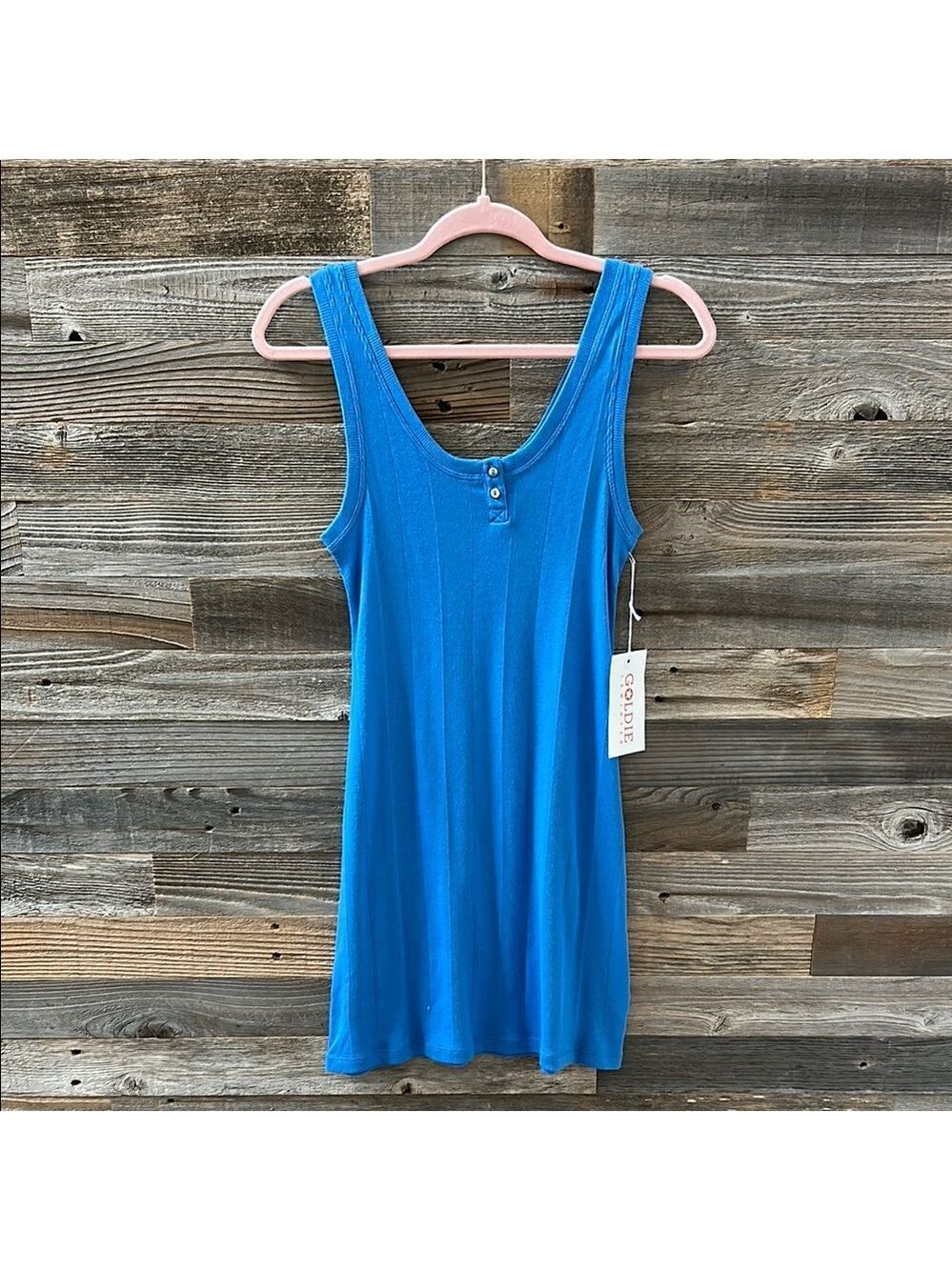 Goldie 100% Cotton Rib Henley Royal Blue Tank Mini Dress Size Small NWT